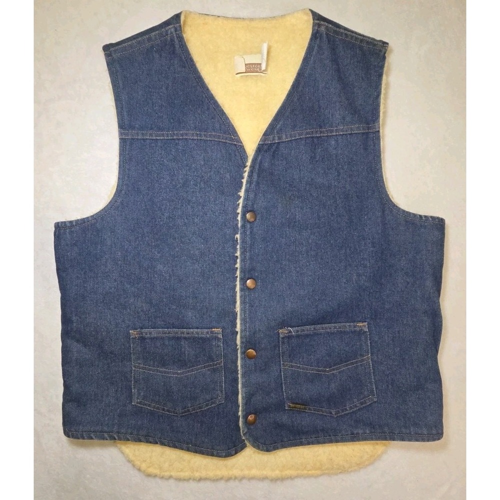 Vtg 1970s Sears‎ Roebucks Denim Sherpa Western Workwear Trucker Vest Men's L T